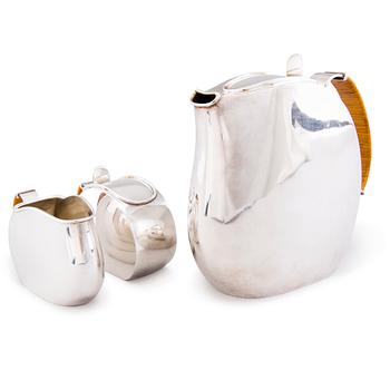 54. A THREE-PIECE SILVER COFFEE SET, Anita Sarlin, Koruteollisuus Tillander Oy, Helsinki 1951.