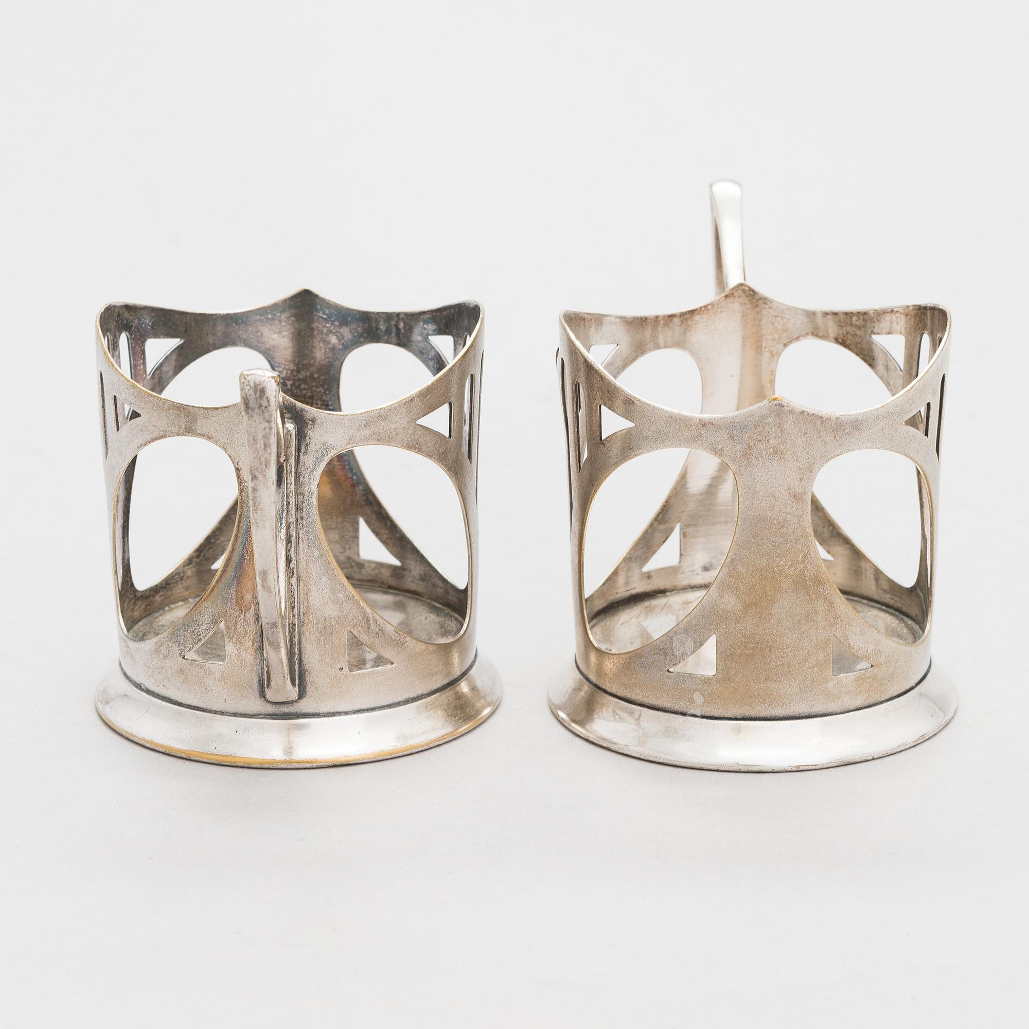 A set of six, early 20th-century WMF silver plated toddy glass holders, model 143, Germany ca. 1903-10.