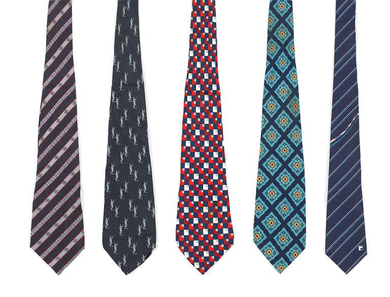 A set of five silk ties by Christian Dior, Celine, Yves Saint Laurent.
