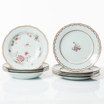 A set of five famille rose plates and four soup plates, Qing dynasty, Qianlong (1736-95).