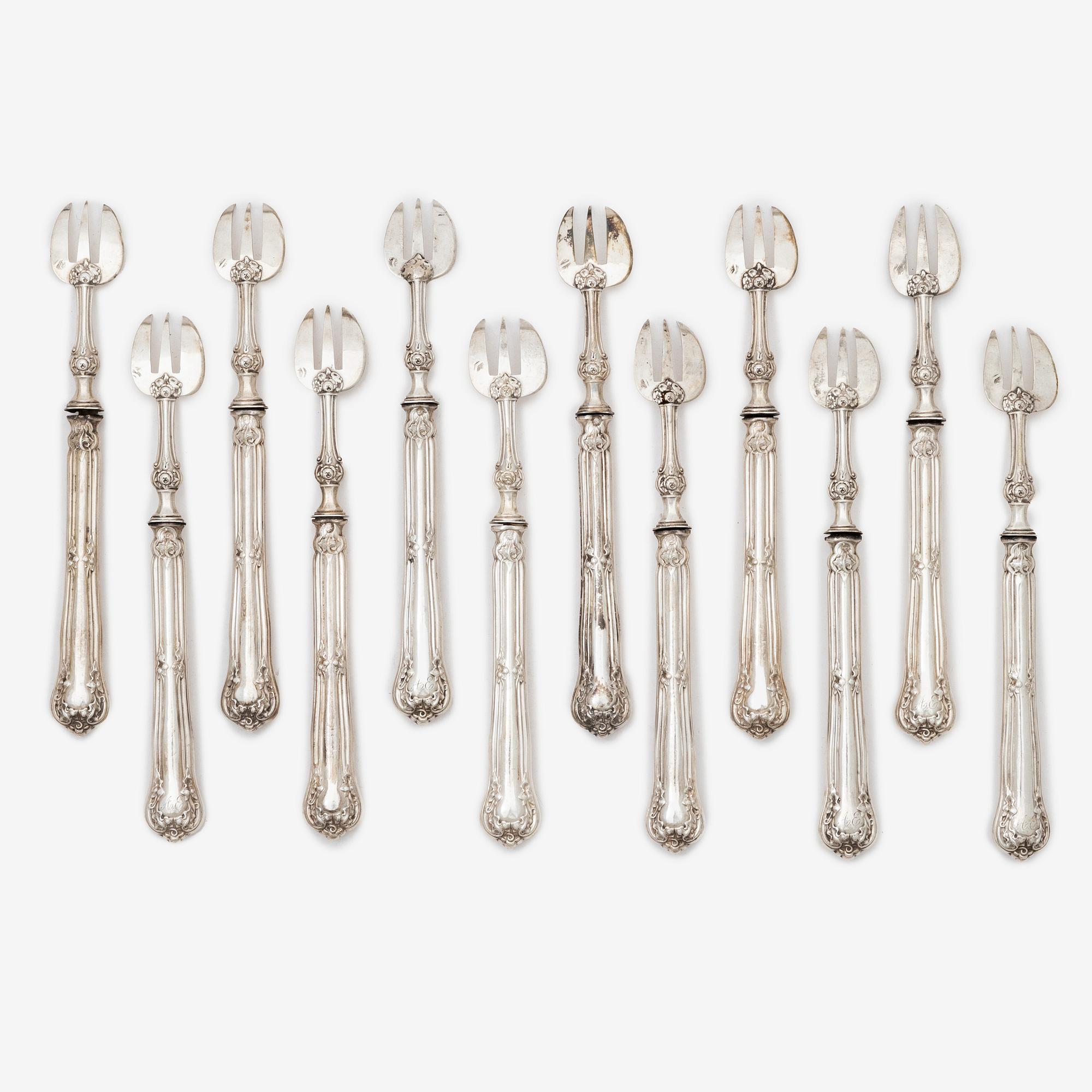 Philippe Berthier, twelve silver oyster forks, Paris, France, 1841-1851.