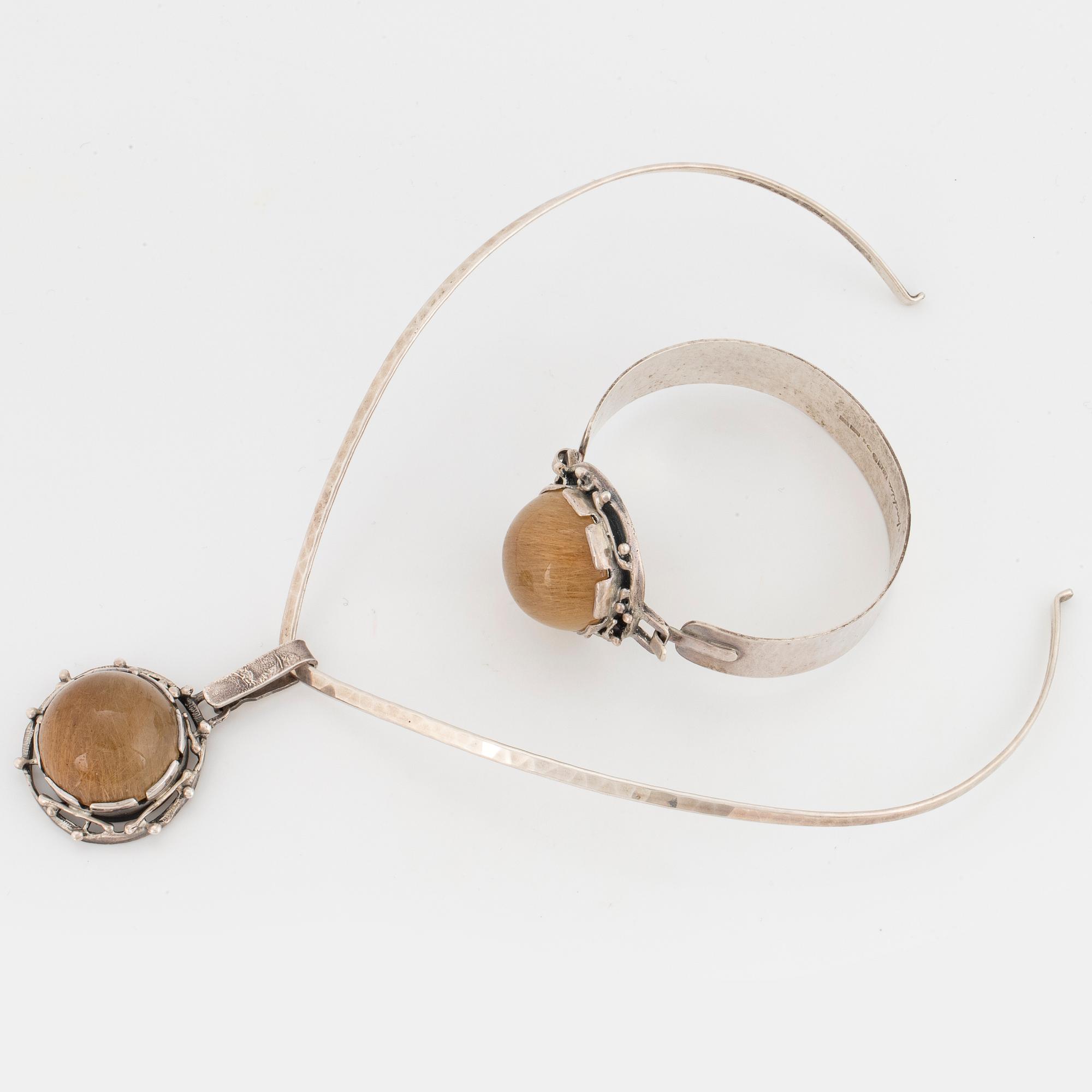 Bangle and pendant silver with cabochon cut rutile quartz, Klintz, necklace Alton.