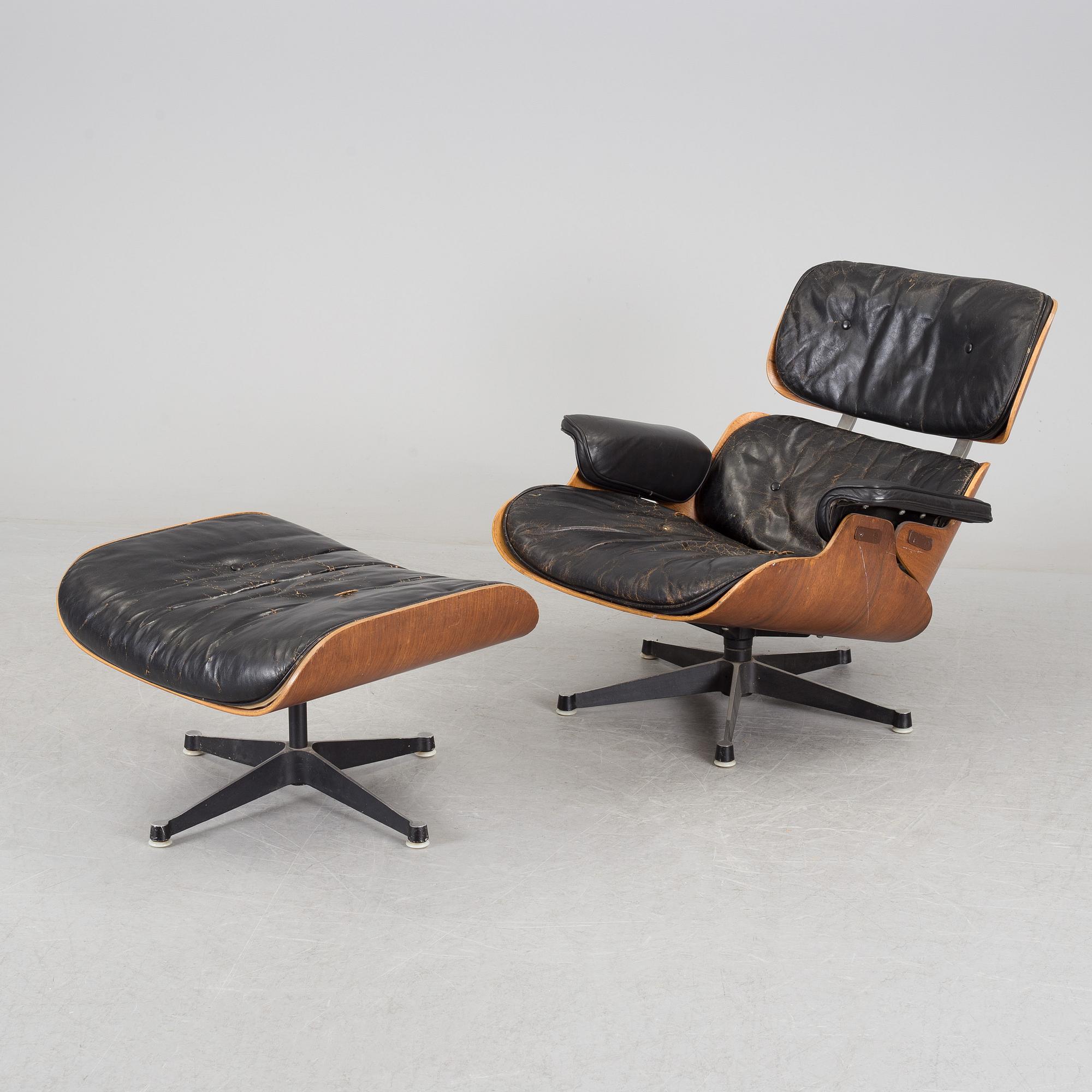 An easy chair and ottoman by Charles & Ray Eames, Herman Miller, USA, produced with licence by Hille, London.