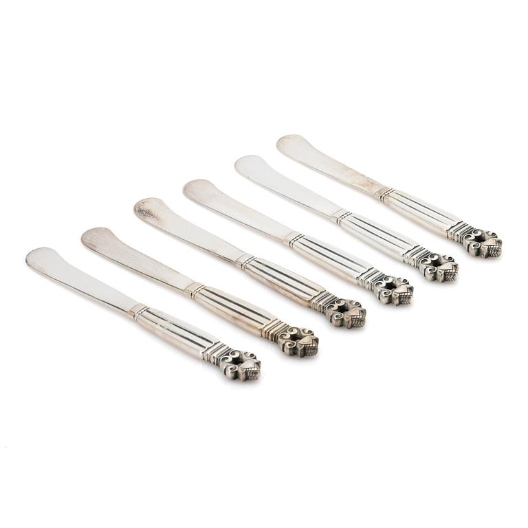 Johan Rohde, Butter knives, 6, sterling silver, “Konge” / “Acorn”, Georg Jensen, Denmark, after 1945.
