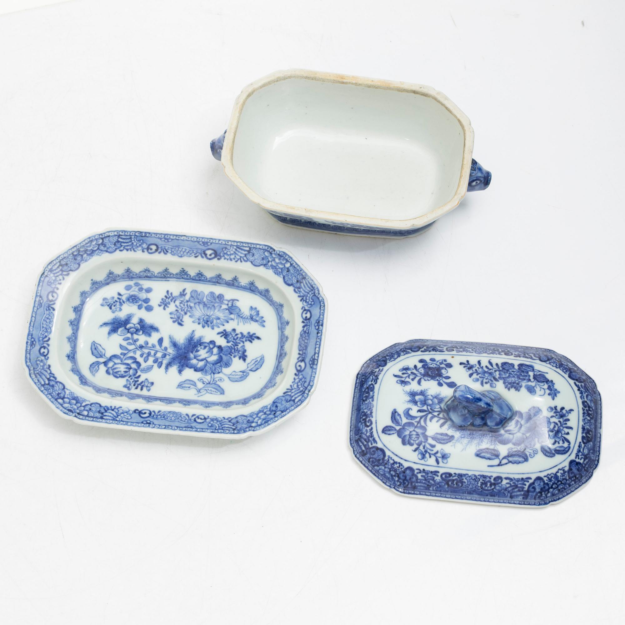 A blue and white butter dish with stand and cover, and a blue and white bowl with cover, China, Qianlong (1736-95).
