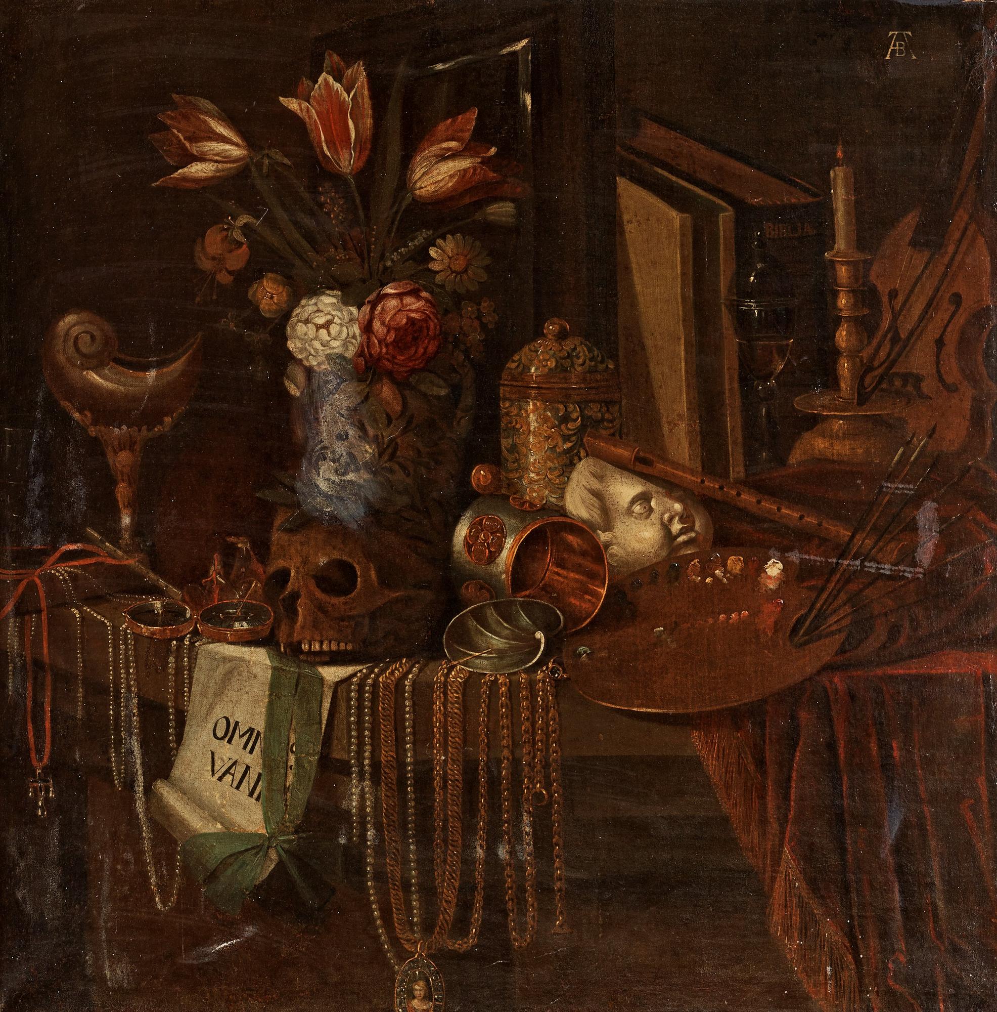 Johann Georg Hinz Hans krets, Vanitas med dödskalle, blommor, smycken samt attribut för konst och musik.