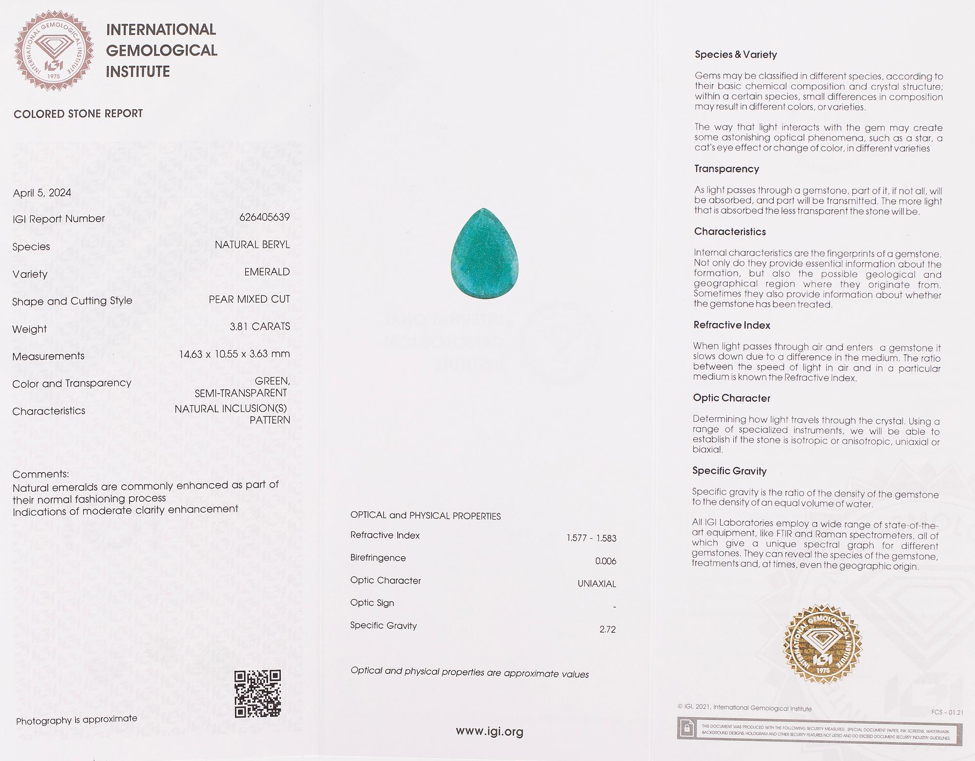 Ring in 18K gold, with a pear-cut emerald and diamonds. With IGI certificate.