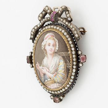 Brooch/pendant, silver, with portrait, after Jean-Baptiste Greuze, with seed pearls and small rubies.