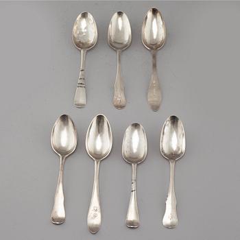 Seven spoons, silver, one by Johan Malmstedt (Gothenburg), mostly Swedish, 18th-19th century.
