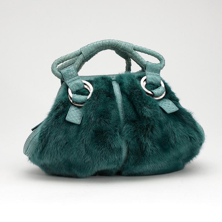 BVLGARI, a green mink and phyton purse.