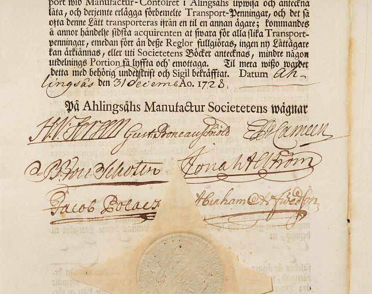 A Swedish share certificate, Ahlingsåhs Manufaktur Werk, No 476, 1728.