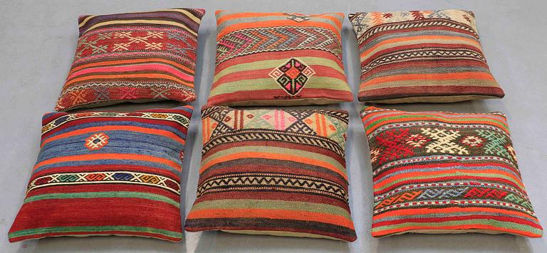 SIX KILIM CUSHIONS, AROUND  50x50 cm.