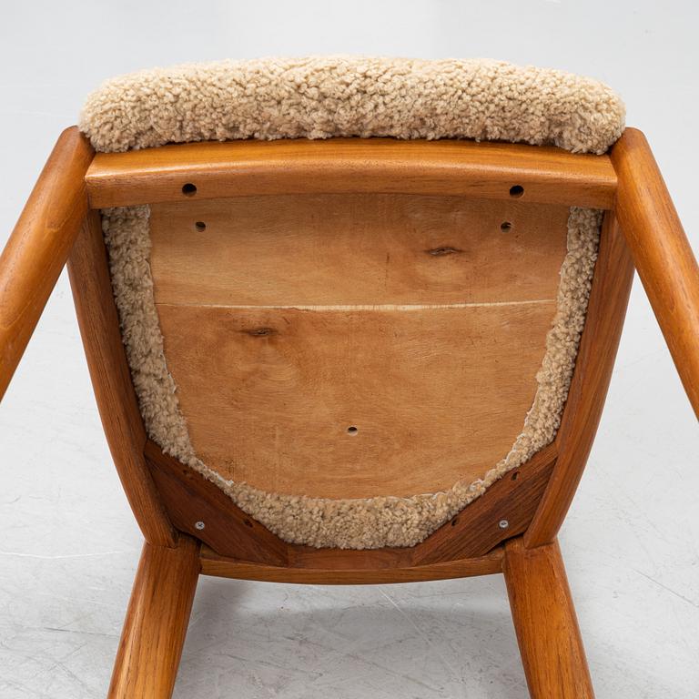 Niels Koefoed, six teak dining chairs upholstered in new sheep skin, Denmark, 1960's.