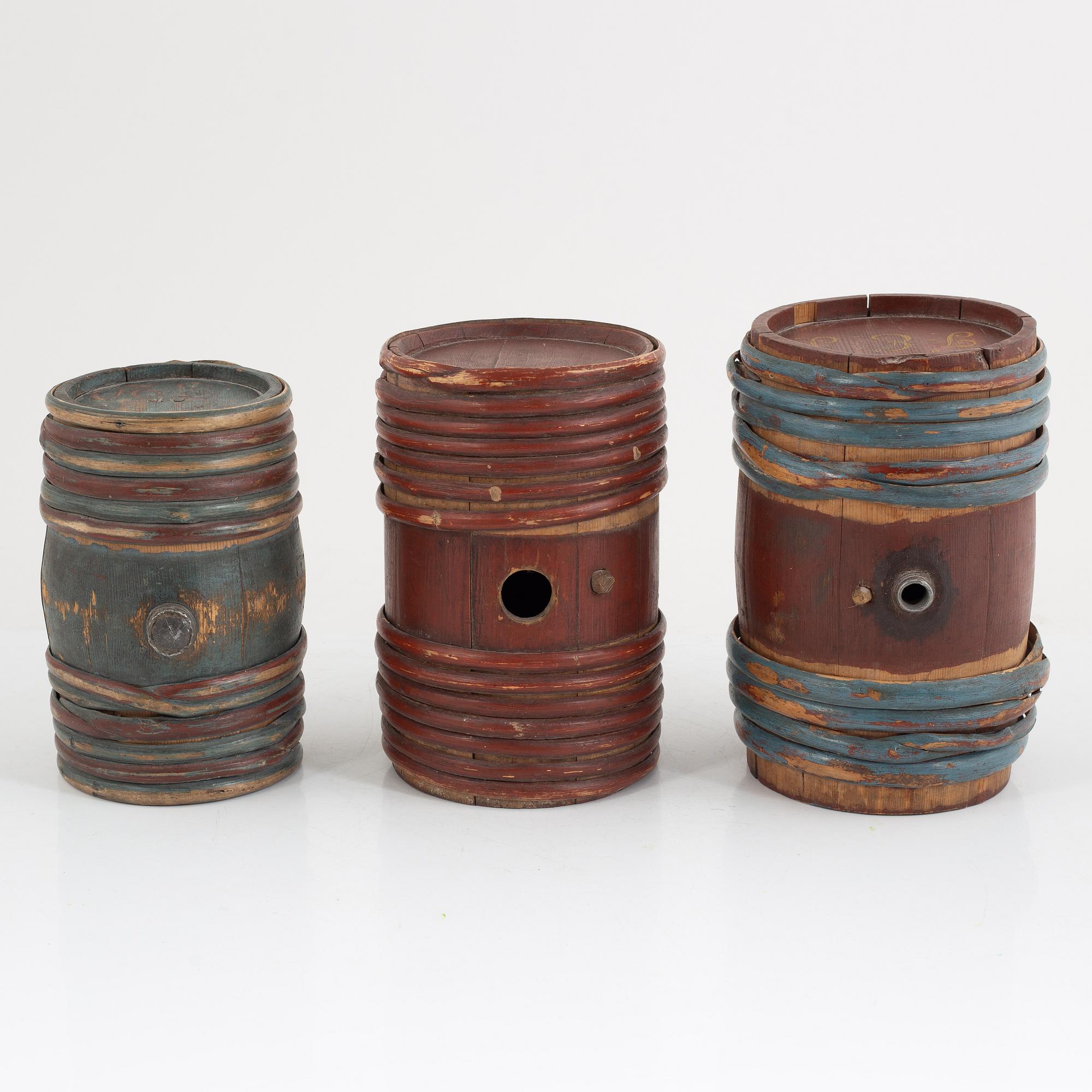 A set of three brandy kegs from Hälsingland, Sweden, 19th century.
