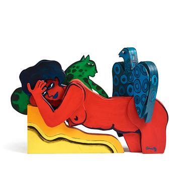 Beverloo Corneille, 'Femme rouge, Oiseau bleu, Chat vert". Signed Corneille. Painted wood, length 115 cm. This is the...