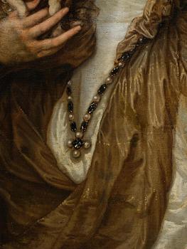 Adriaen Hanneman, Half-length portrait of a woman with a dog (Portret van een dame).