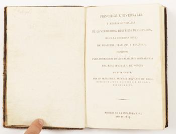 BOK, "Principios universales y reglas generales de la verdadera destreza del espadin" av Manuel A de Brea, Madrid 1805.