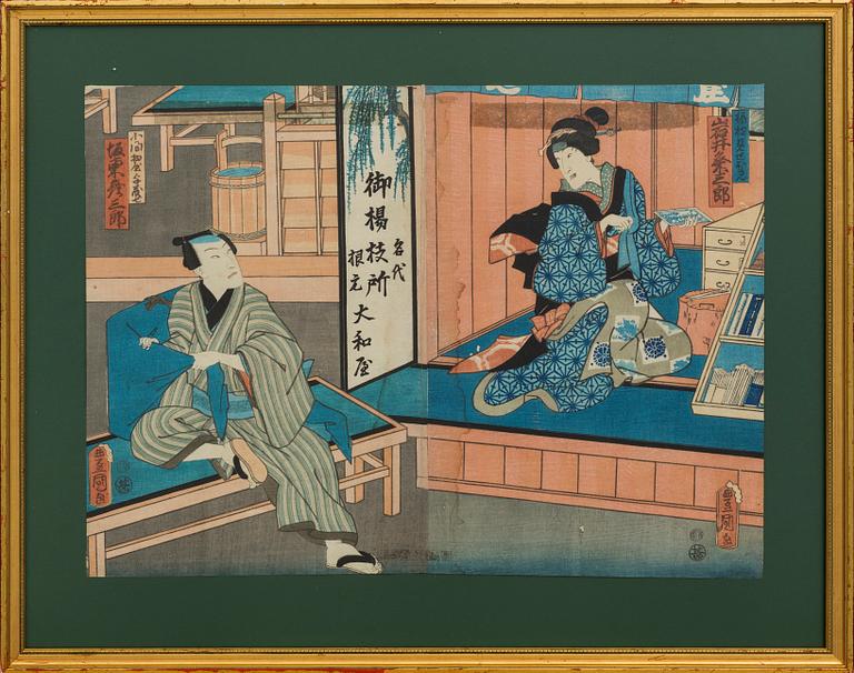 TRÄSNITT, 4 st,  bland annat Utagawa Kunisada, Japan, 1800/1900-tal.