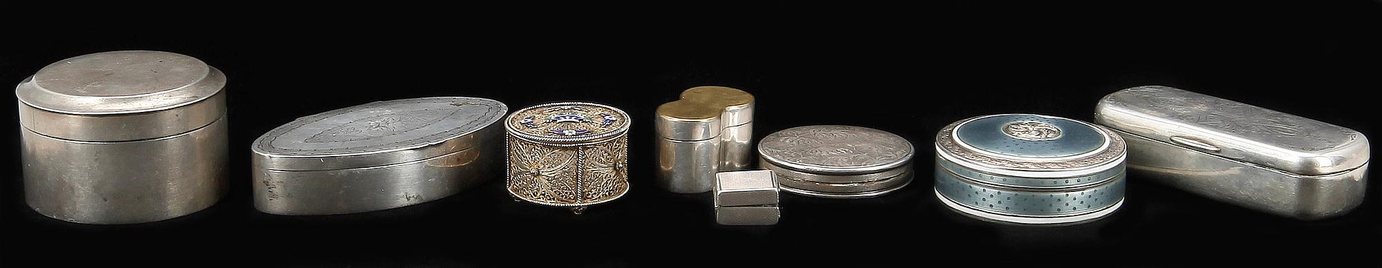 PARTI DOSOR, 8 st, silver, olika nationaliteter, 1800-1900-tal. Total vikt ca 437 g.