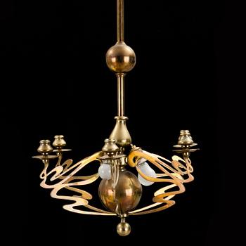 A brass Art Nouveau ceiling light, early 20th century.