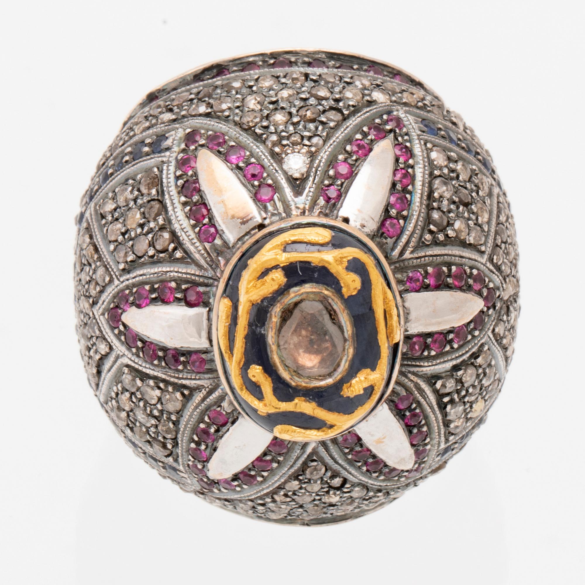 Ring/Cocktail ring in white and yellow gold with diamonds and coloured stones, Gem Palace Jaipur India.