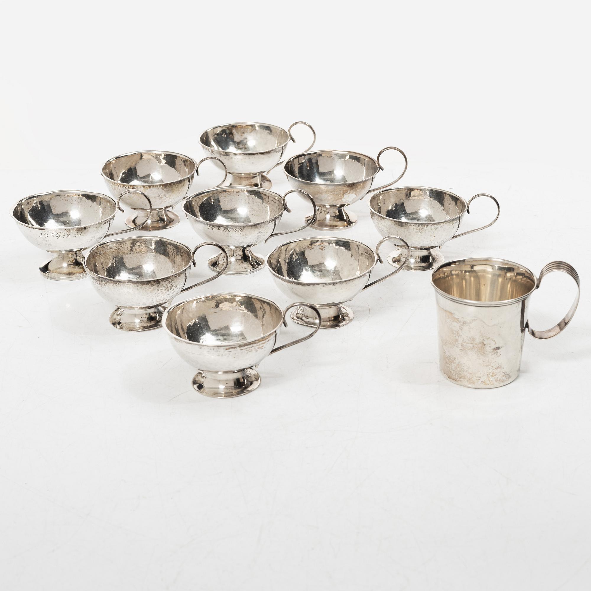 Nine similar silver punsch cups + one of other model, different makers, Sweden, 1945-55.