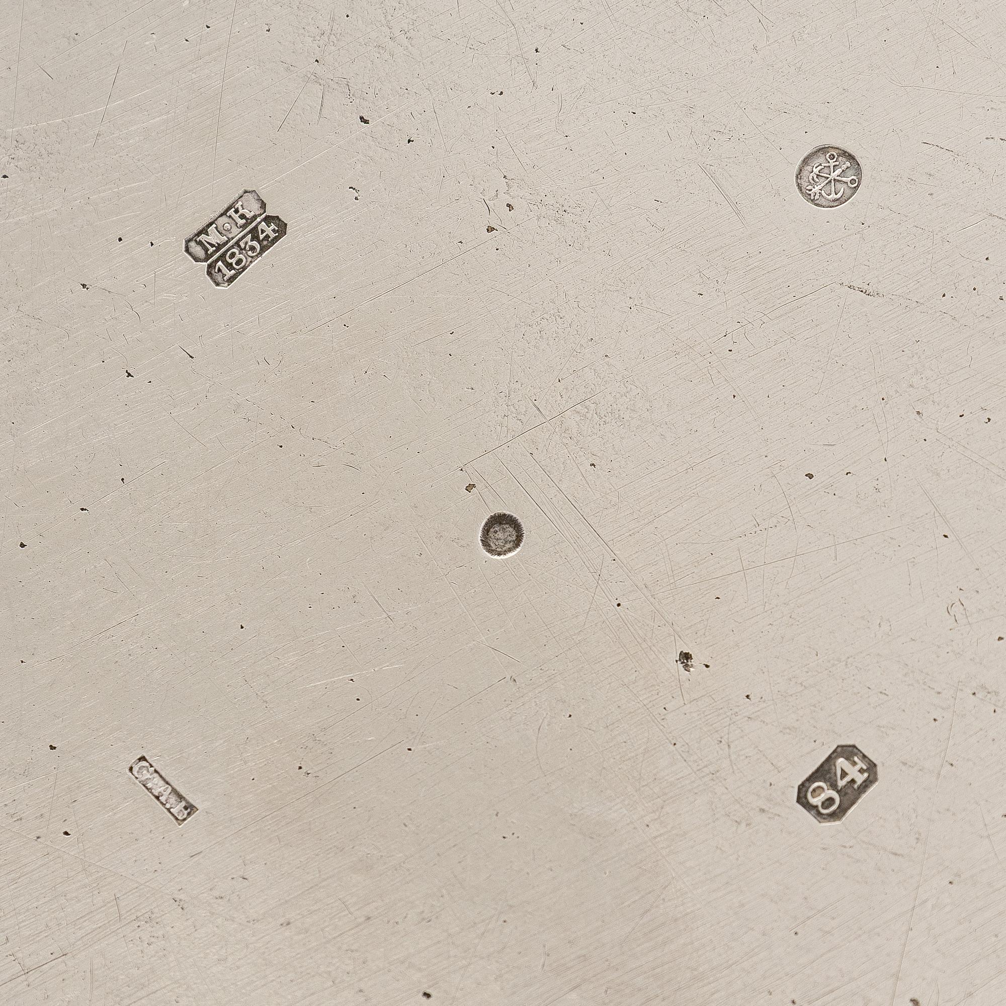 A silver dish, maker's mark of Gustaf Abraham Bernström,  St. Petersburg 1834.