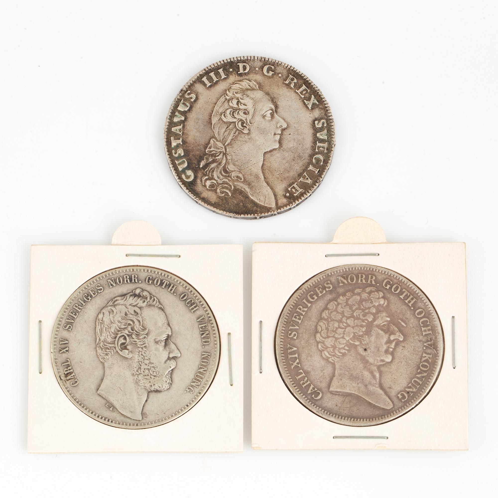 3 silver coins, Karl XIV JOHAN, GUSTAV III, KARL XV.
