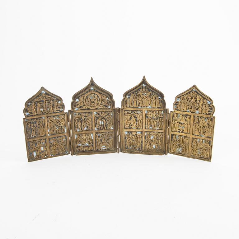 A set of four Russian brass and enamel icons 19th century or older.