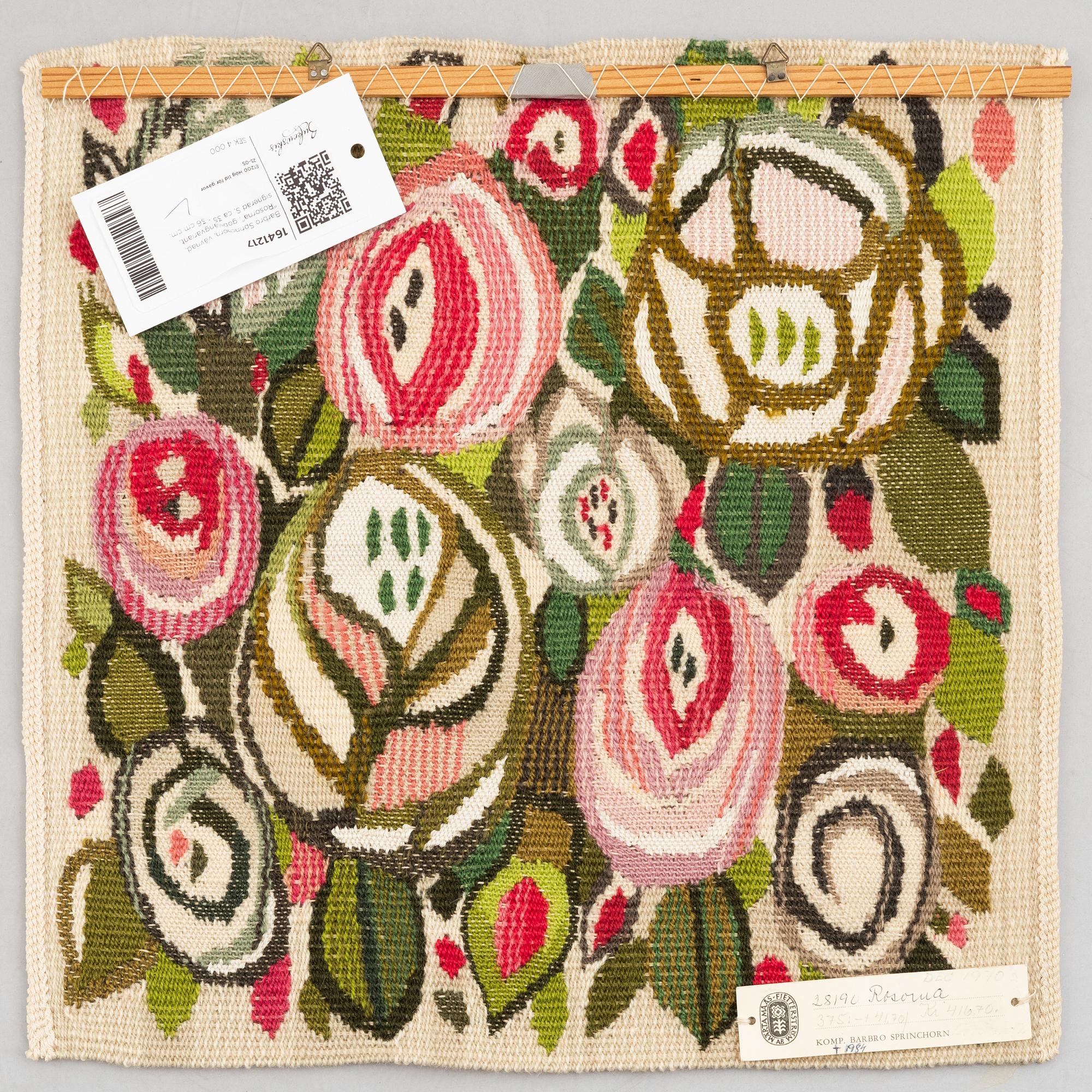 Barbro Sprinchorn, a textile, 'Rosorna (The Roses)', tapestry variant, signed S, c. 35 x 36 cm.