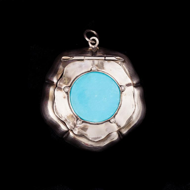 MEDALJONG, silver, turkos, små diamanter. Ryska stämplar 1900-talets början. Vikt 16 g.