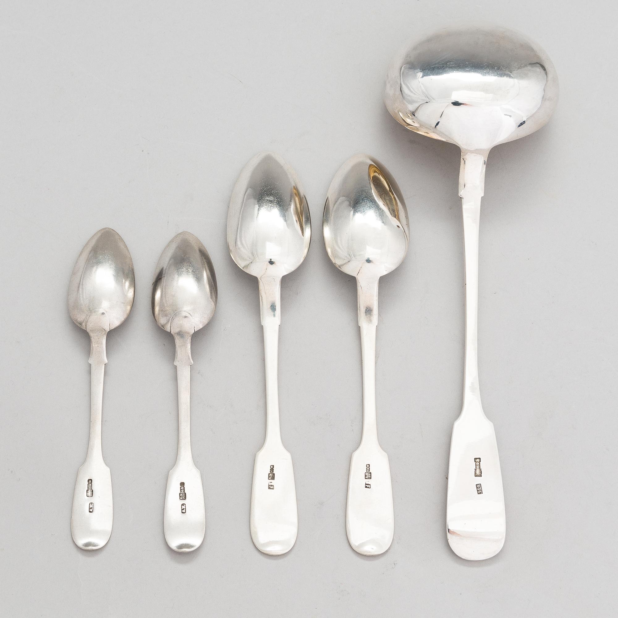 A Russian silver soup ladle and two pairs of silver spoons, Moscow 1874 and Saint Petersburg 1868 and 1887.