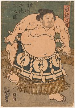 UTAGAWA TOYOKUNI II (1777-1835), två stycken, färgträsnitt. Japan, 1830-tal. "Unryu Hisakichi".