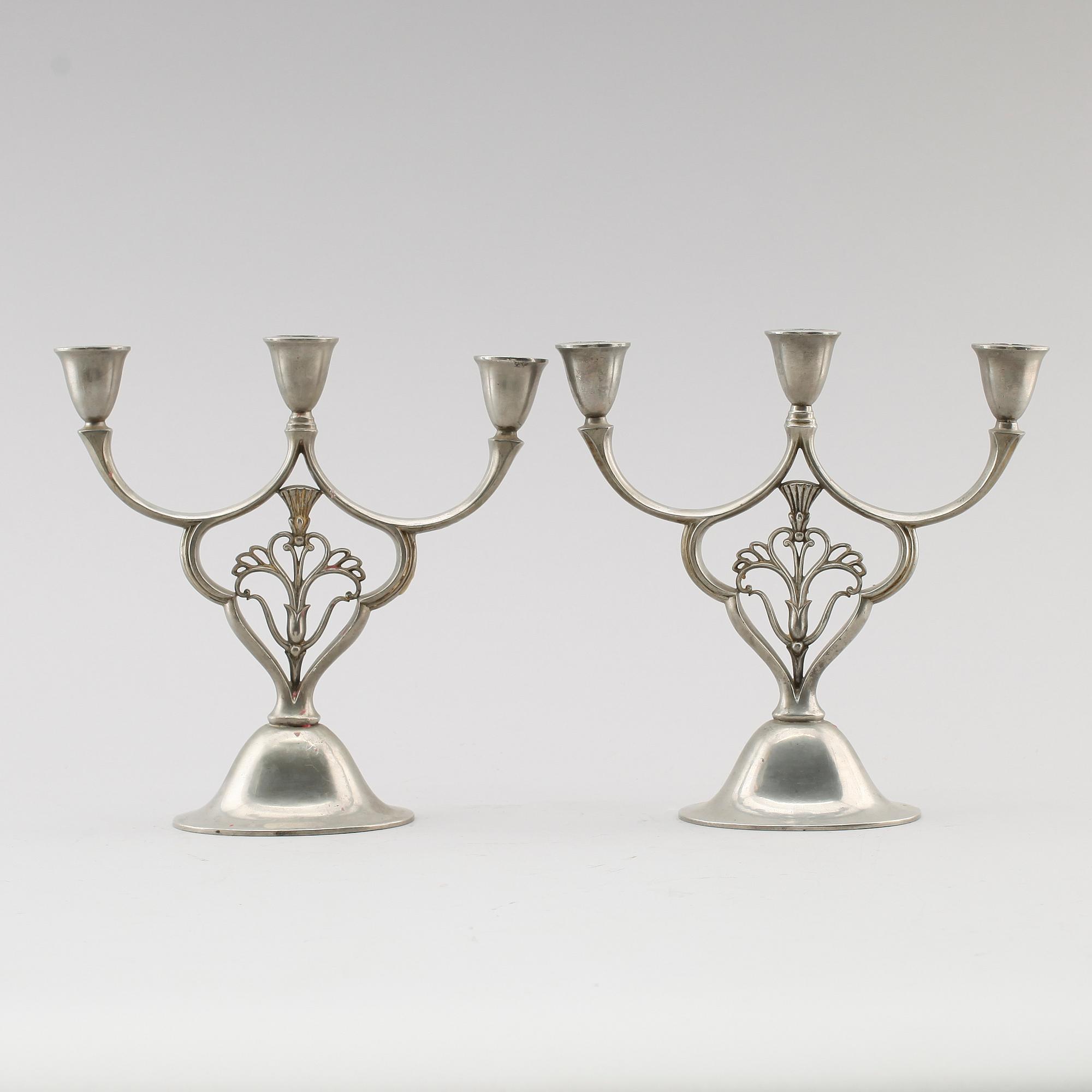 KANDELABRAR, 1 par, tenn, Just Andersen, Danmark 1928.