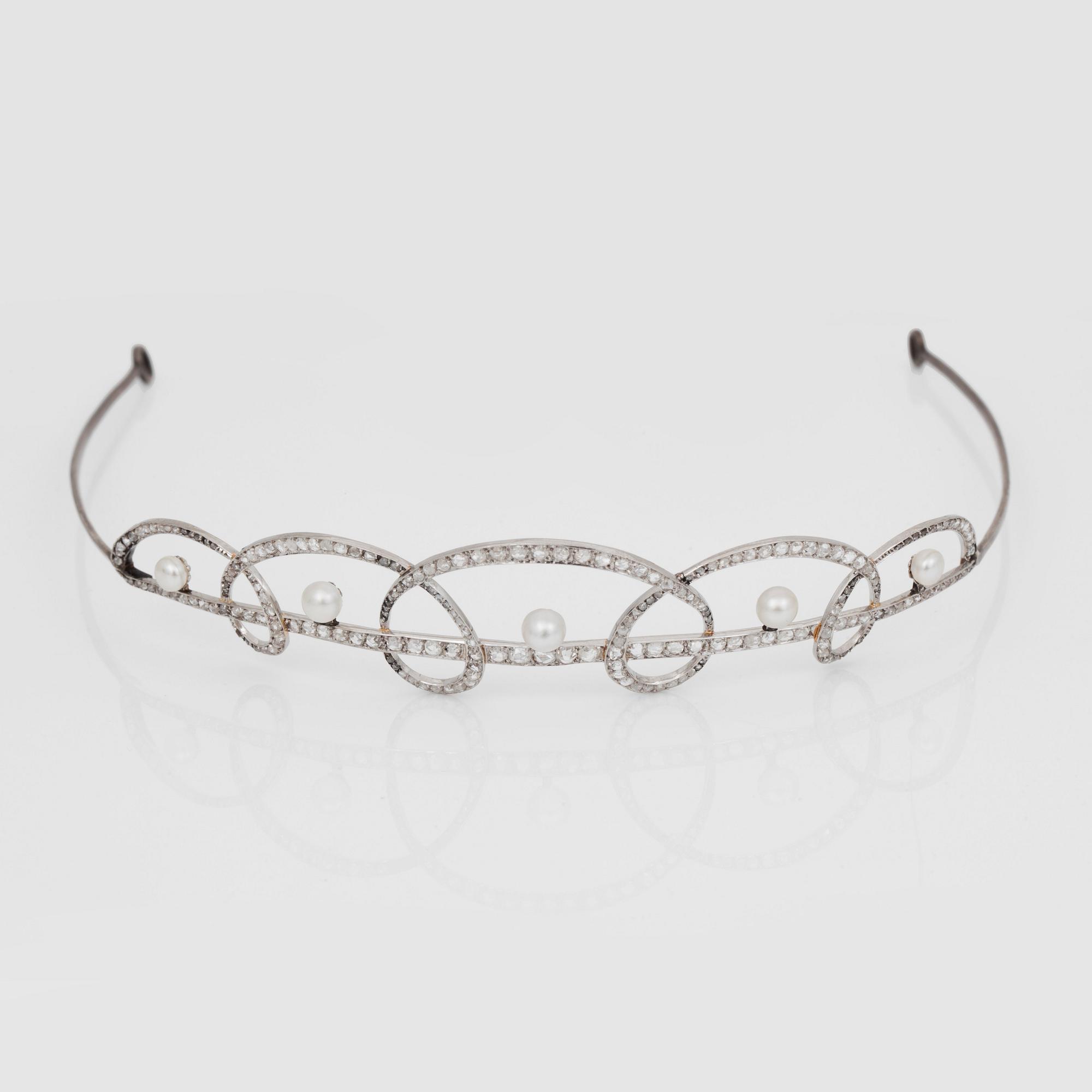 An Edwardian rose-cut diamond and pearl tiara with matching brooch.