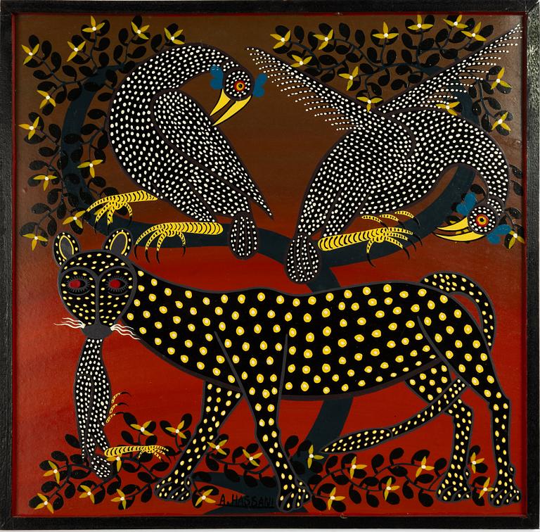 Abdallahaman Hassani, style of Tingatinga painting, Leopard and birds.