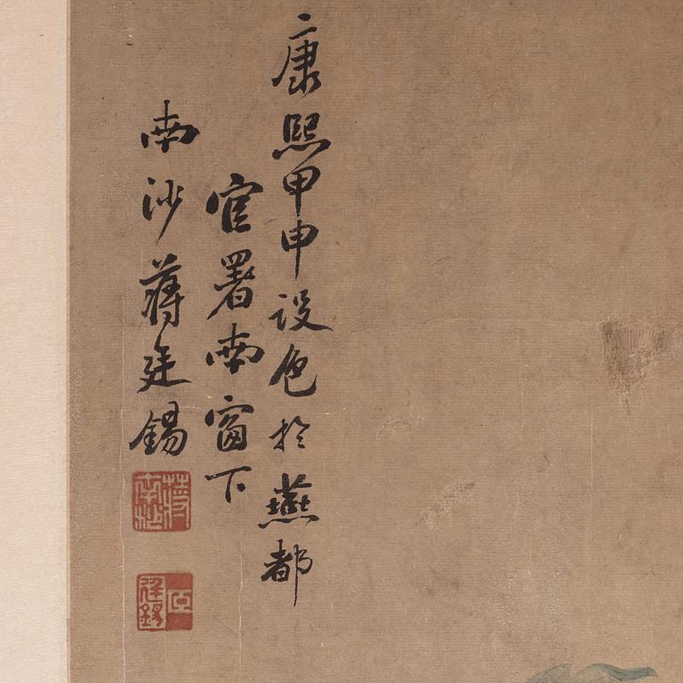 A Chinese scroll painting/wall paper-panel, ink and colour on paper, after Jiang Tingxi (1669-1732), Qing dynasty.