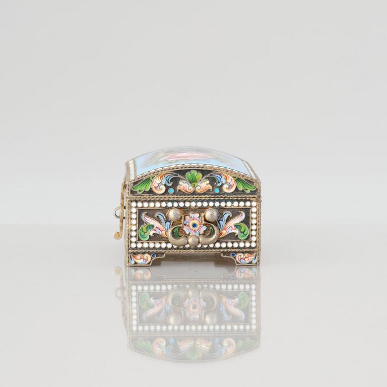 A Russian silver-gilt and cloisonné enamel casket, mark of Ivan Saltykov, Moscow, 1896-1908.