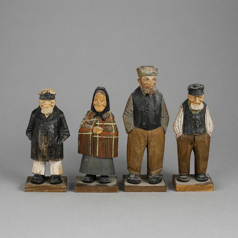 LORENS LARSSON & C O TRYGG, träskulpturer, 4 st, signerade.