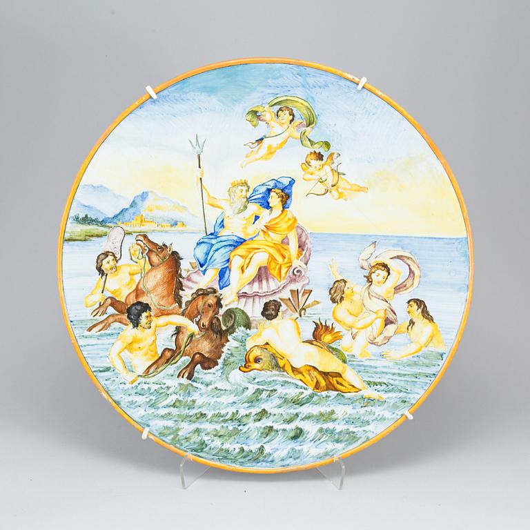 A large majolica 'istoriato' dish and two plates, 20th Century.