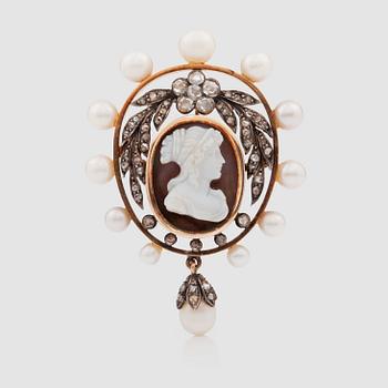 1445. A Victorian cameo, rose-cut diamond and pearl brooch.  Pearls probably natural.