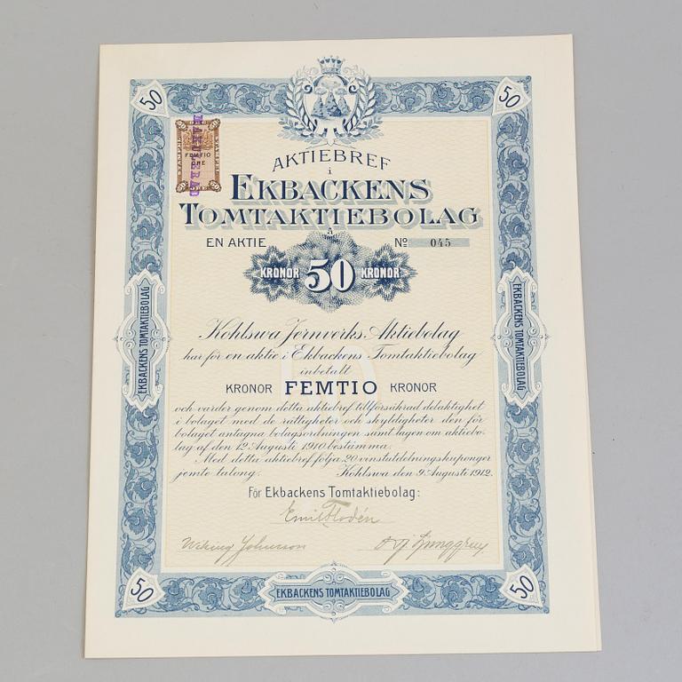 AKTIEBREV, sju stycken, Ekbackens Tomtaktiebolag, Kohlswa 1912.