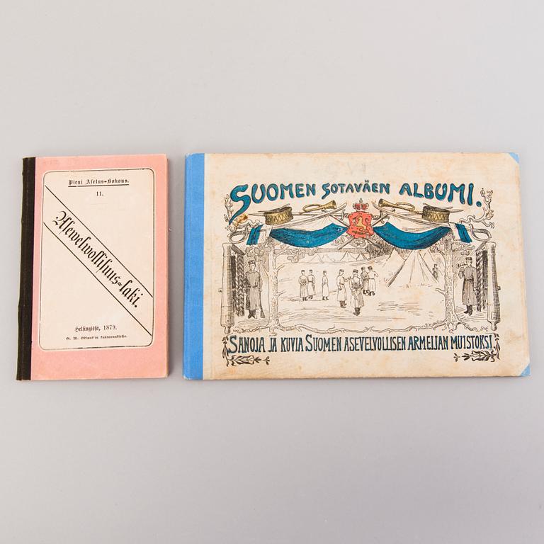 Finska krigsmaktens medaljer, 6 st, och böcker, 2 st, Finland, ca 1855-1931.