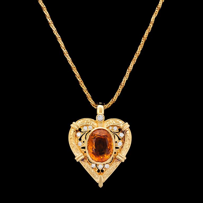 PENDANT, an orange sapphire, app. 10 cts, and brilliant cut diamonds, tot. app. 0.35 cts.