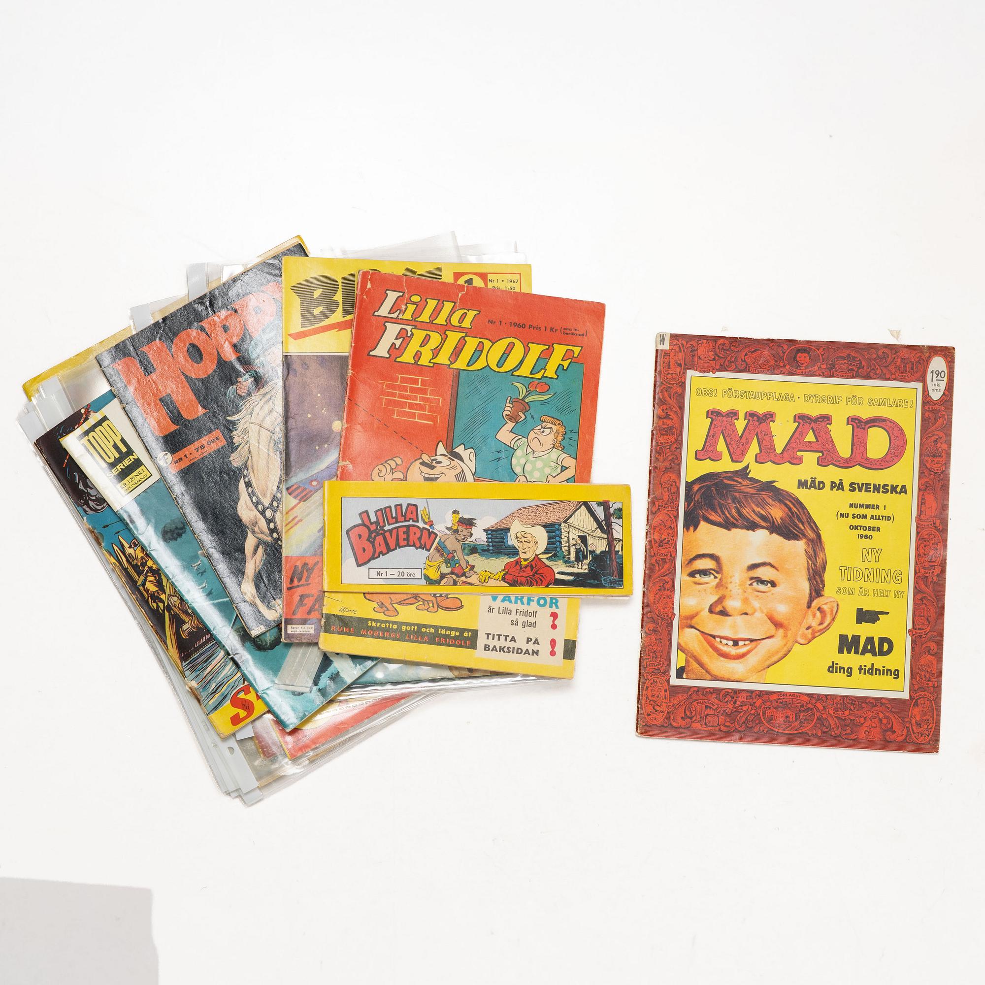 Serietidningar, 18 st, förstautgåvor, bl a "Tomahawk", "Tom Mix", "Hopalong Cassidy", "Lilla Fridolf", "MAD".