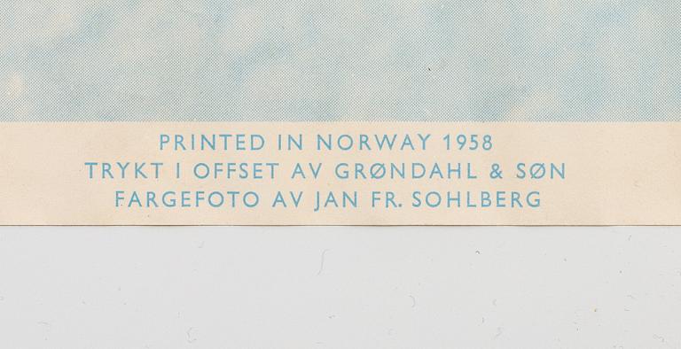 A vintage poster, 'Norge', Landslaget for reiselivet i Norge, Norges Statsbaner, 1958.