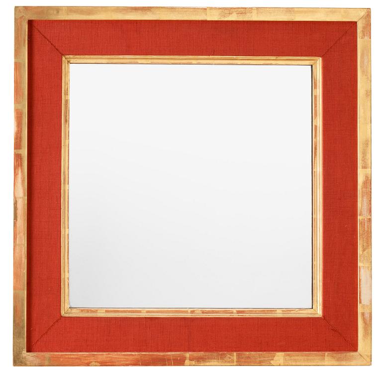 A Svenskt Tenn mirror attributed to Estrid Ericson, the frame covered in red fabric.