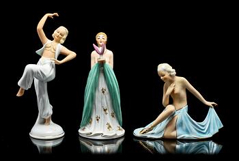 FIGURINER, 3 st, porslin, art deco, bl a Schaubach.