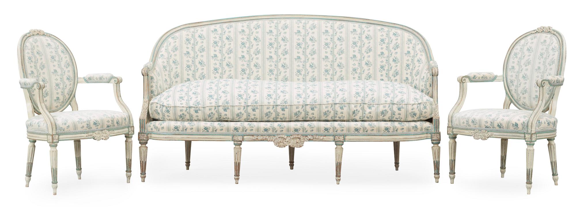 SOFFA, SAMT KARMSTOLAR, ett par. Louis XVI-stil, 1800-tal.