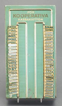 INKÖPSTAVLA TILL HUSHÅLLET, plåt, 1930/40-tal.